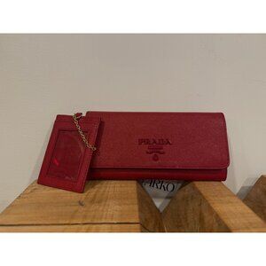 Prada Red Leather Wallet W/ ID Holder